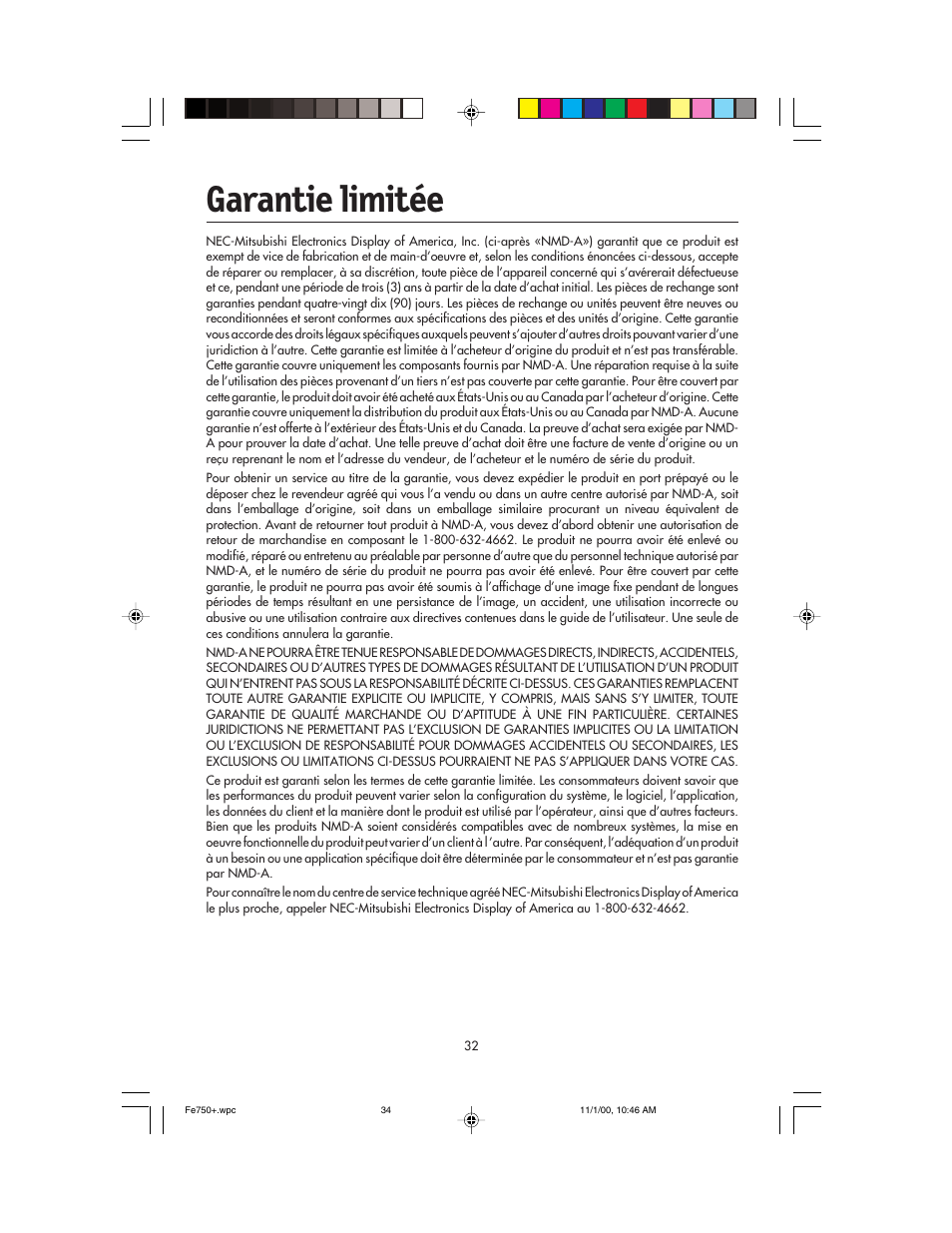 Garantie limitée | NEC FE750 Plus User Manual | Page 34 / 60