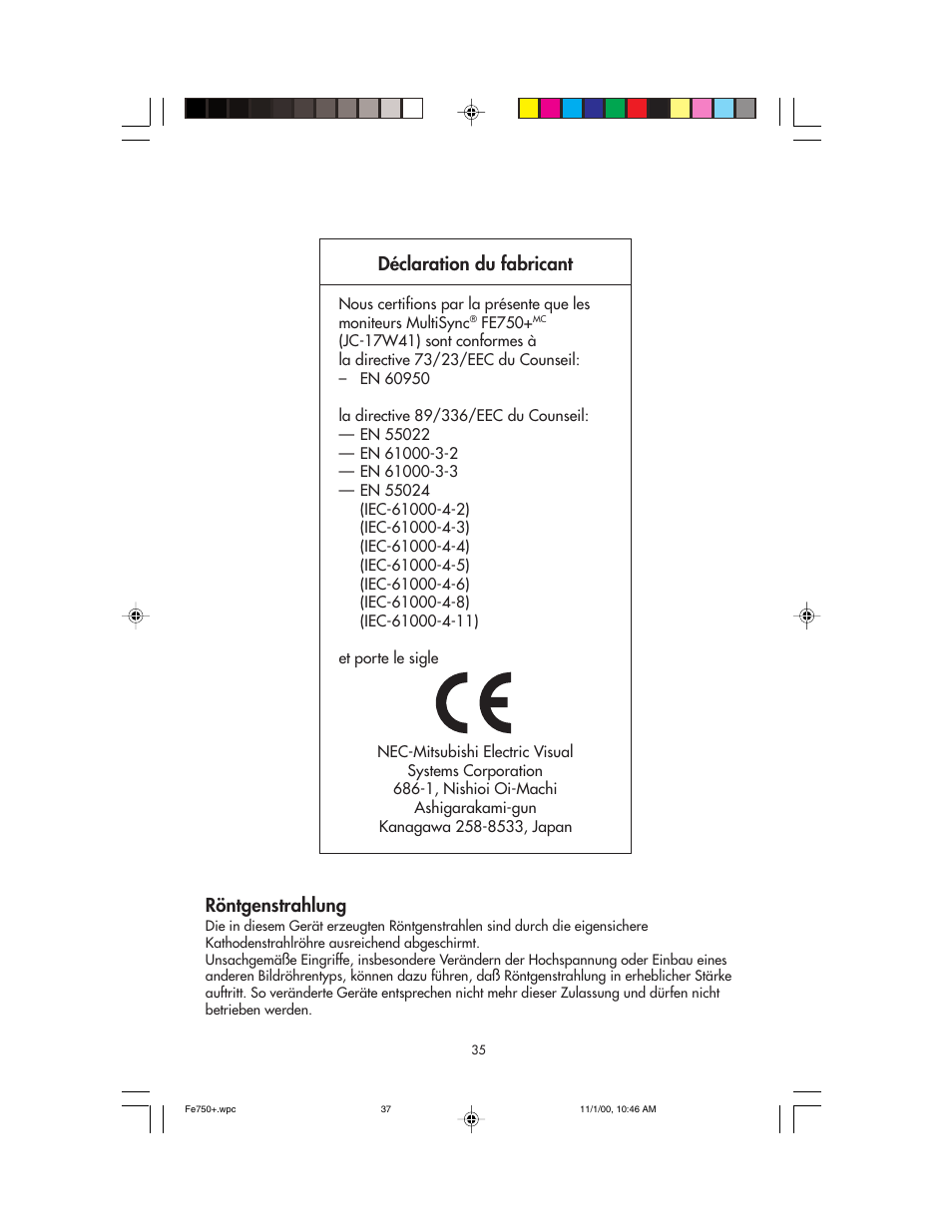 Déclaration du fabricant, Röntgenstrahlung | NEC FE750 Plus User Manual | Page 37 / 60