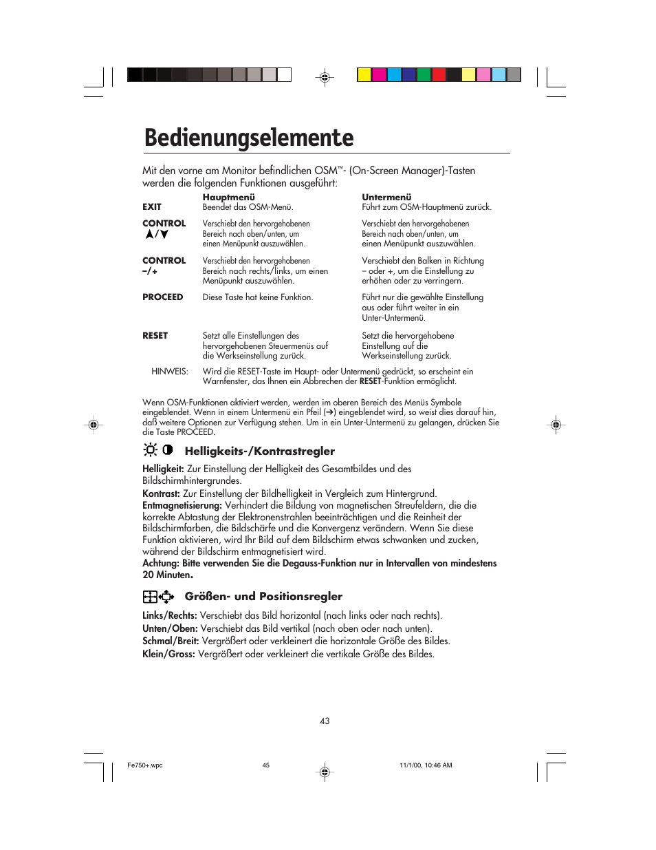 Bedienungselemente | NEC FE750 Plus User Manual | Page 45 / 60