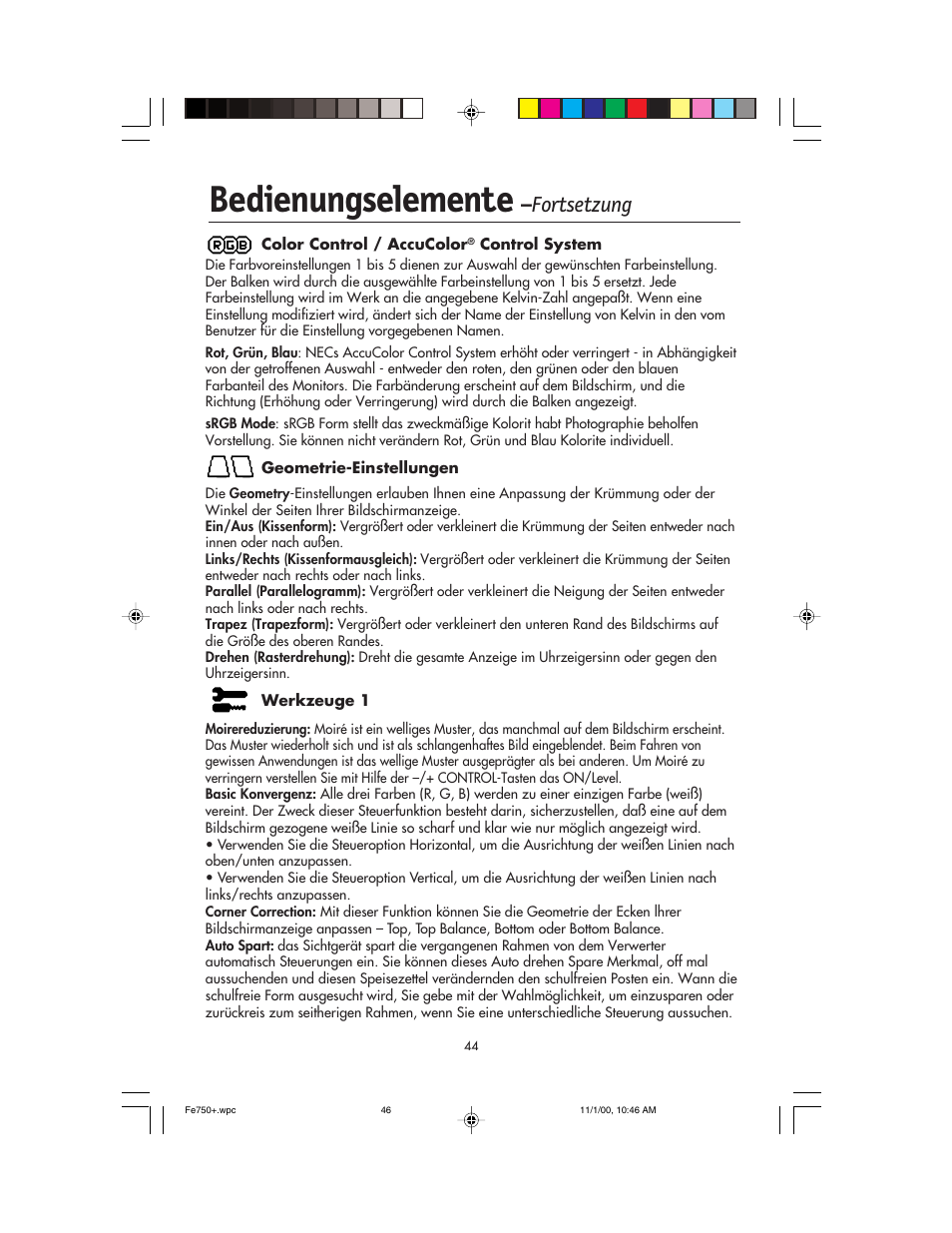 Bedienungselemente, Fortsetzung | NEC FE750 Plus User Manual | Page 46 / 60