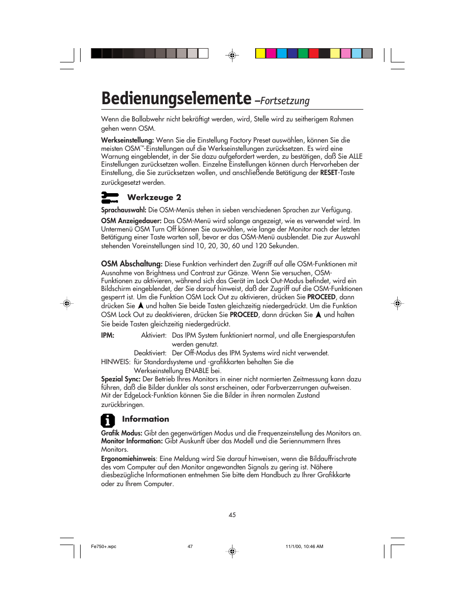 Bedienungselemente, Fortsetzung | NEC FE750 Plus User Manual | Page 47 / 60