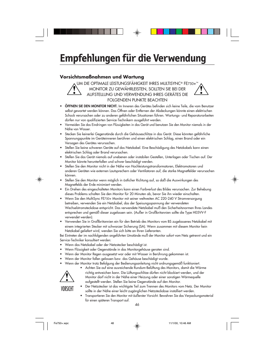 Empfehlungen für die verwendung, Vorsicht | NEC FE750 Plus User Manual | Page 48 / 60