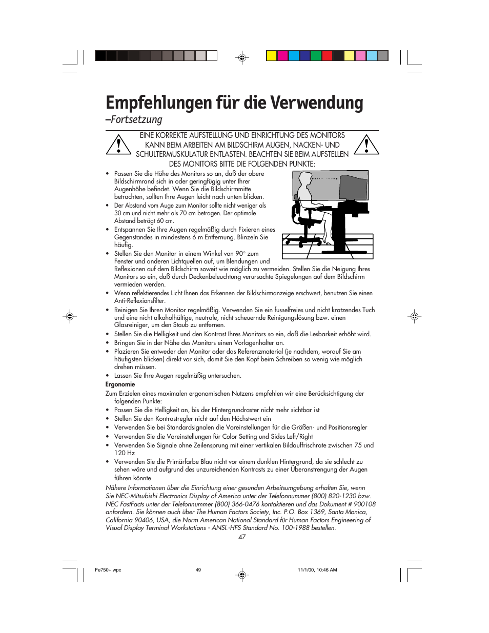 Empfehlungen für die verwendung, Fortsetzung | NEC FE750 Plus User Manual | Page 49 / 60