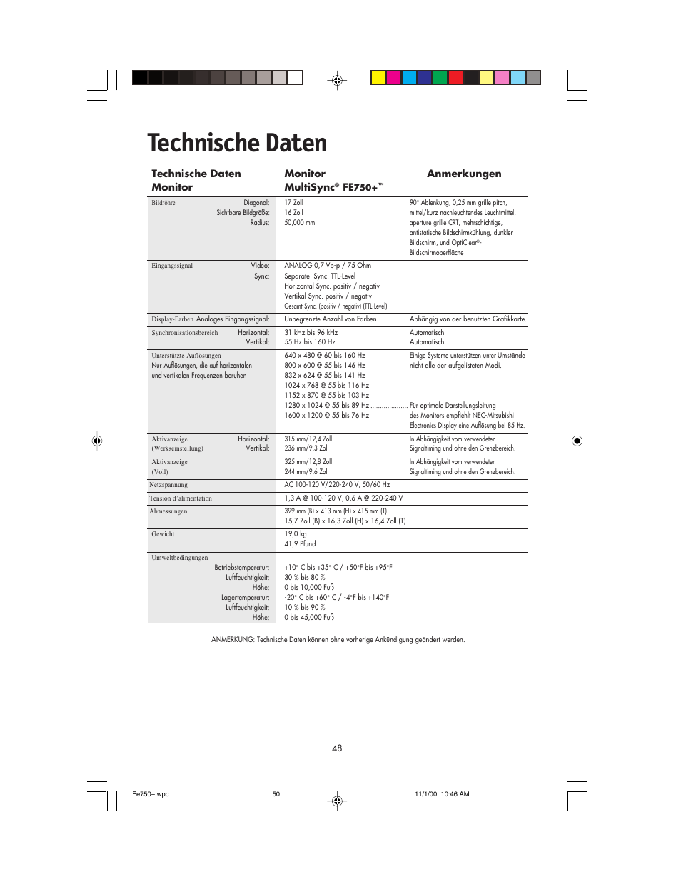 Technische daten | NEC FE750 Plus User Manual | Page 50 / 60