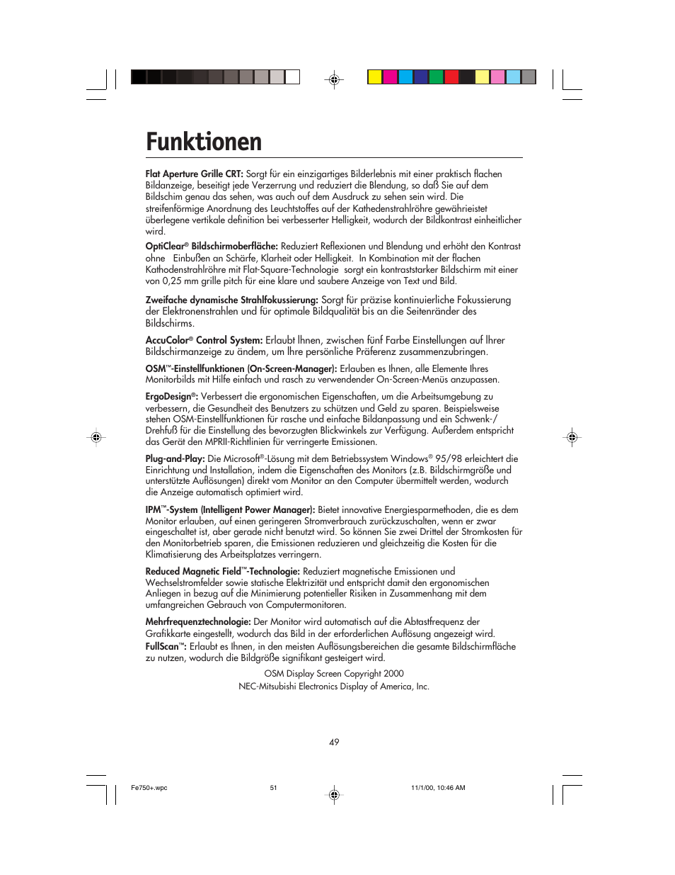 Funktionen | NEC FE750 Plus User Manual | Page 51 / 60