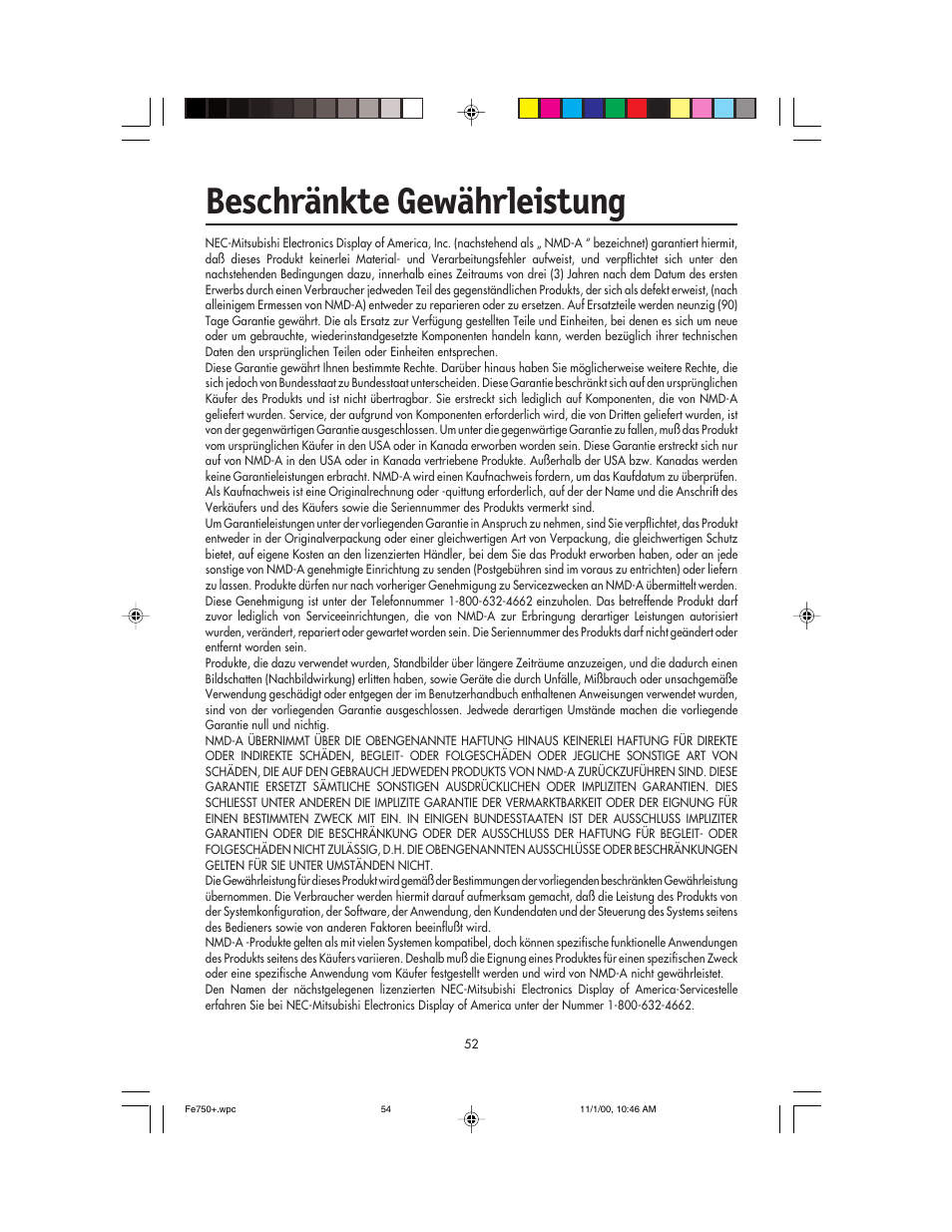 Beschränkte gewährleistung | NEC FE750 Plus User Manual | Page 54 / 60