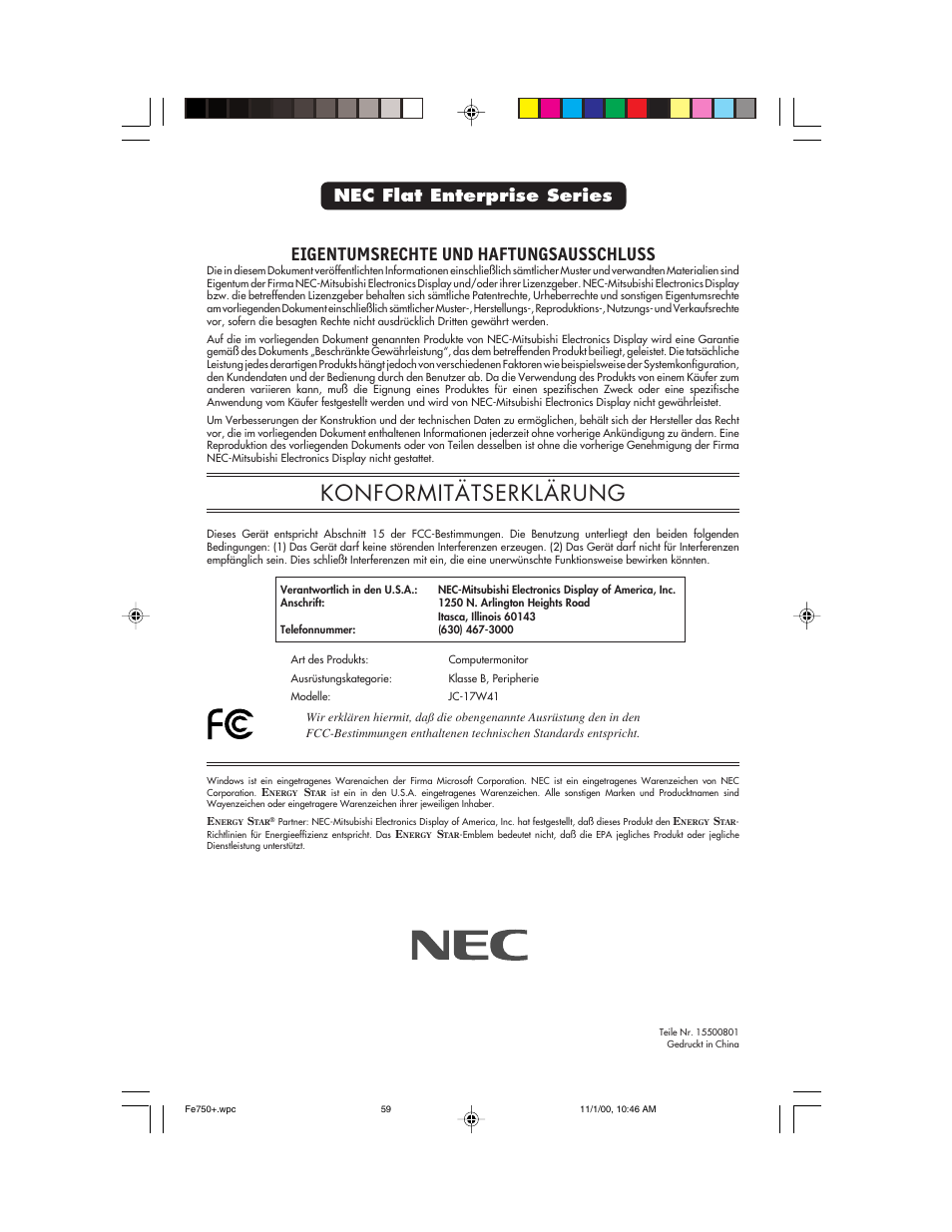 Konformitätserklärung, Eigentumsrechte und haftungsausschluss, Nec flat enterprise series | NEC FE750 Plus User Manual | Page 59 / 60