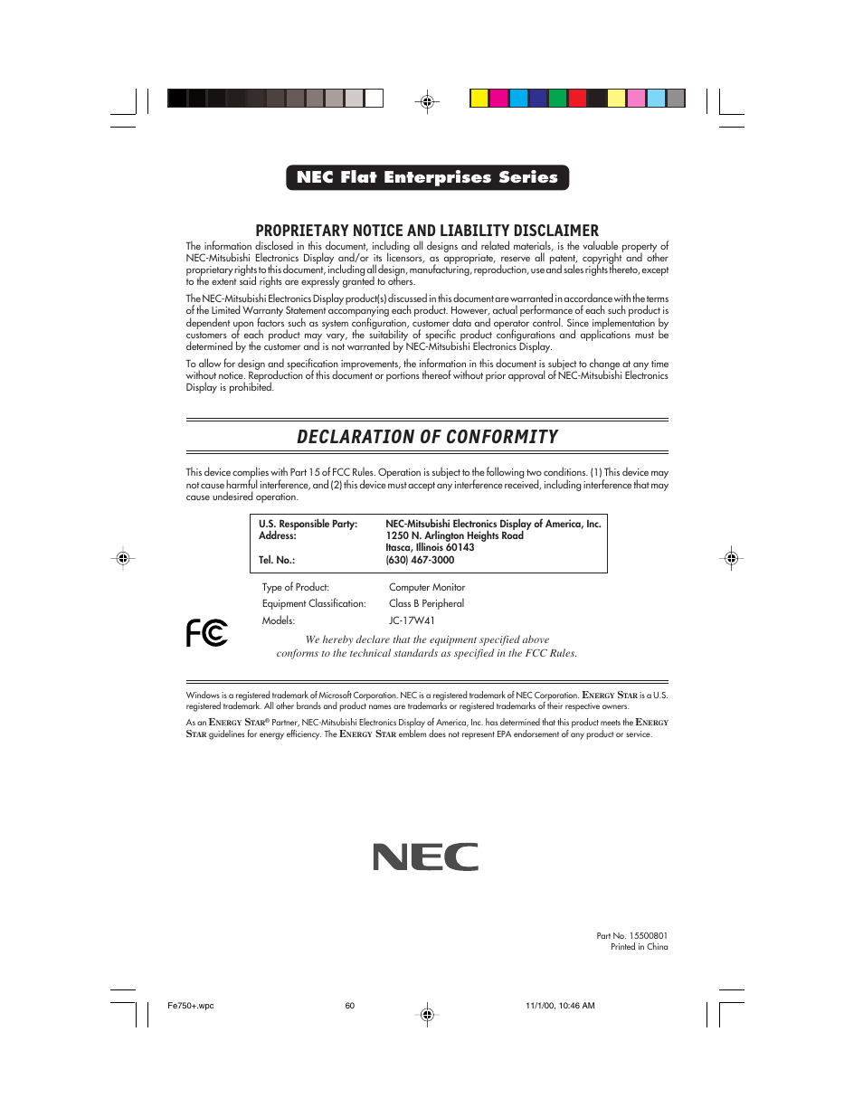 Declaration of conformity, Proprietary notice and liability disclaimer, Nec flat enterprises series | NEC FE750 Plus User Manual | Page 60 / 60