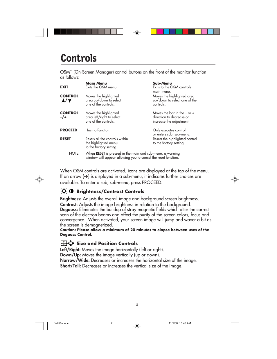 Controls | NEC FE750 Plus User Manual | Page 7 / 60