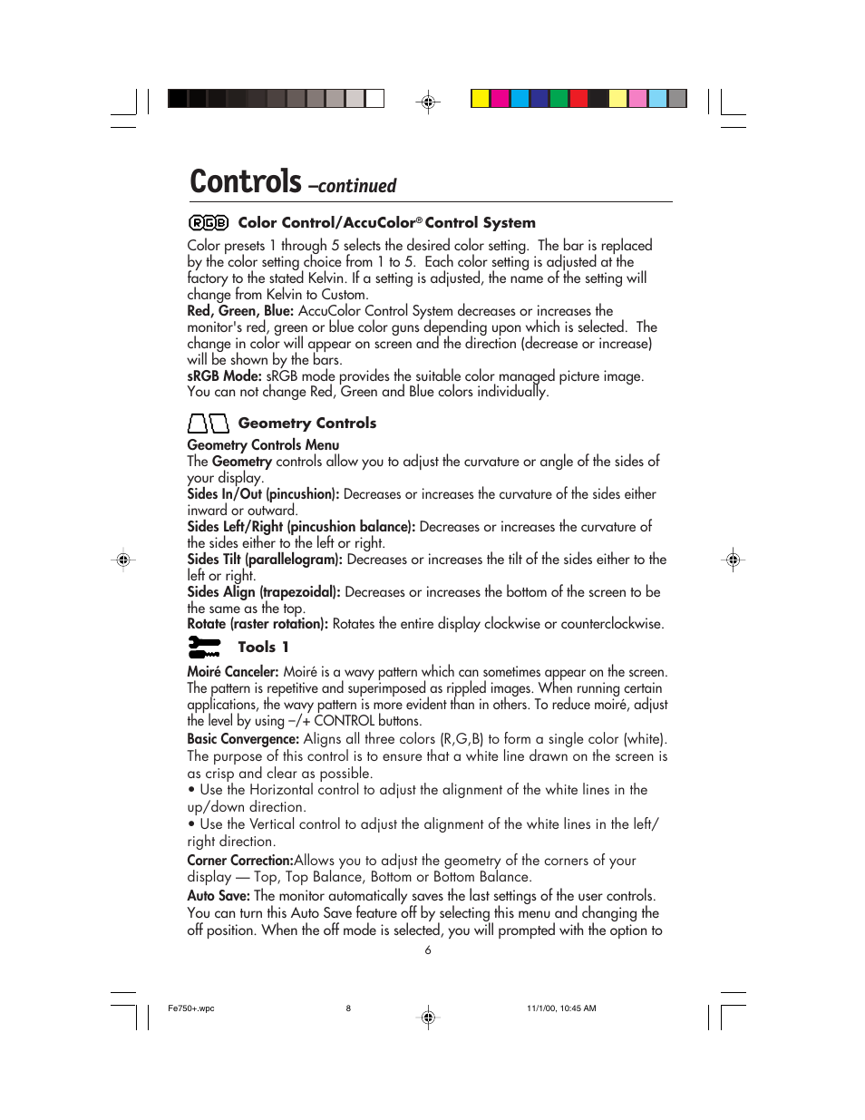 Controls, Continued | NEC FE750 Plus User Manual | Page 8 / 60