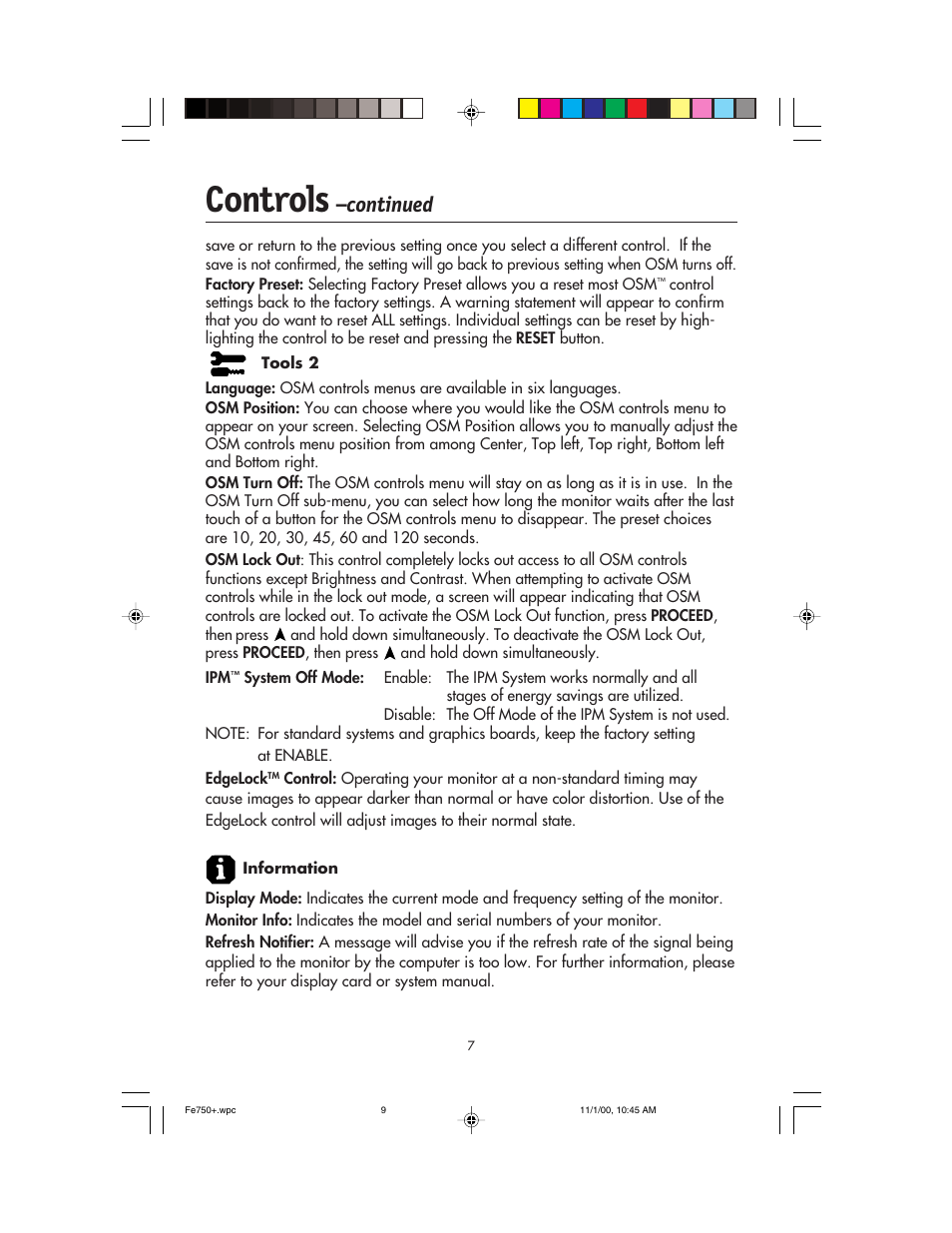 Controls, Continued | NEC FE750 Plus User Manual | Page 9 / 60