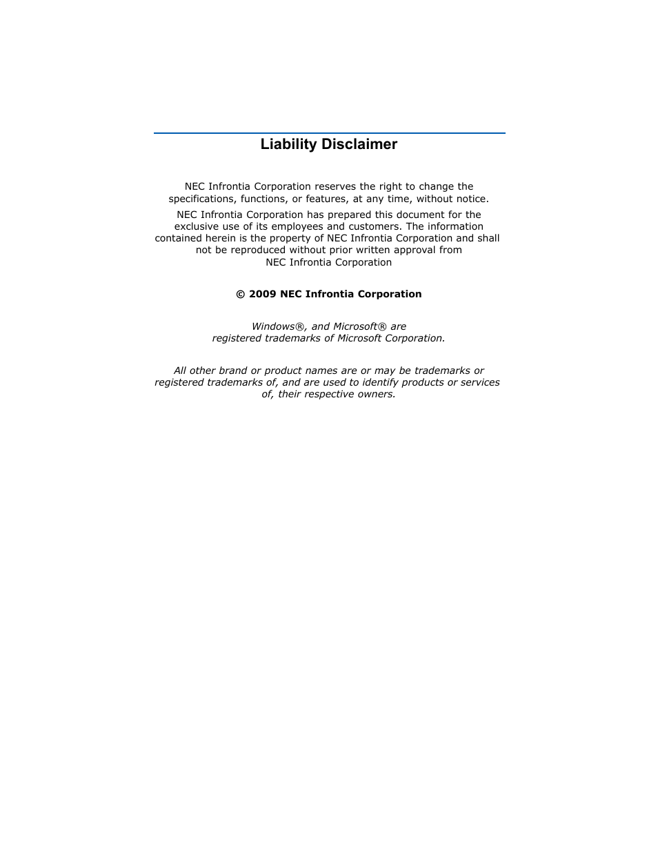 Liability disclaimer | NEC MA4000 User Manual | Page 2 / 74