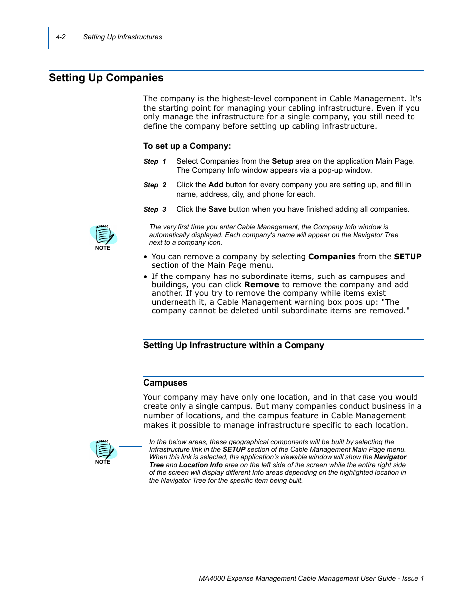 Setting up companies, Setting up infrastructure within a company, Campuses | Setting up companies -2 | NEC MA4000 User Manual | Page 36 / 74