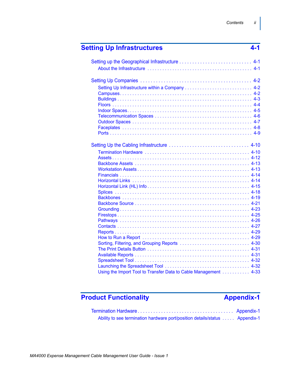 Setting up infrastructures 4-1, Product functionality appendix-1 | NEC MA4000 User Manual | Page 4 / 74