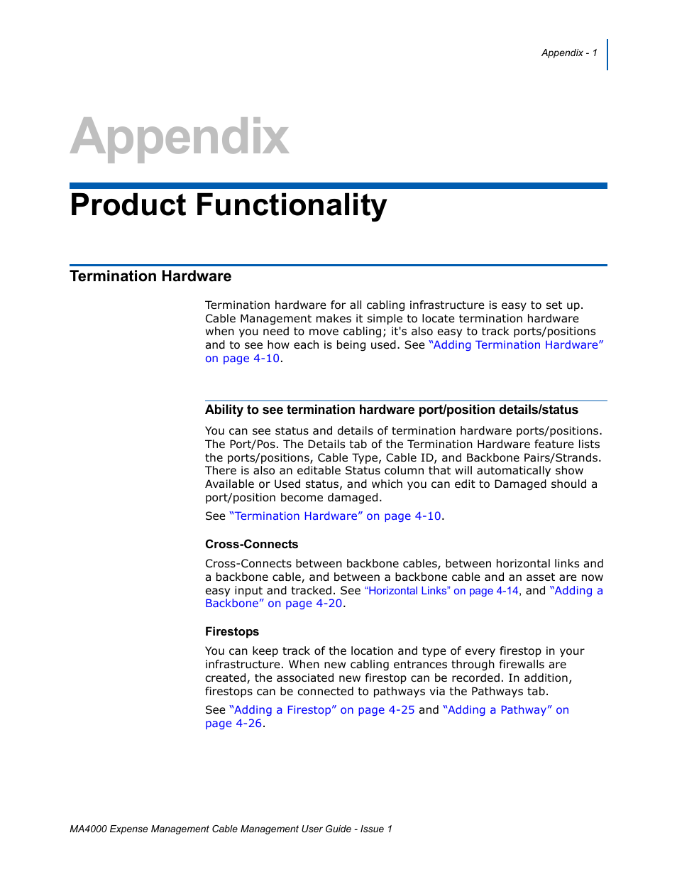 Product functionality, Termination hardware, Appendix-1 | Appendix | NEC MA4000 User Manual | Page 71 / 74