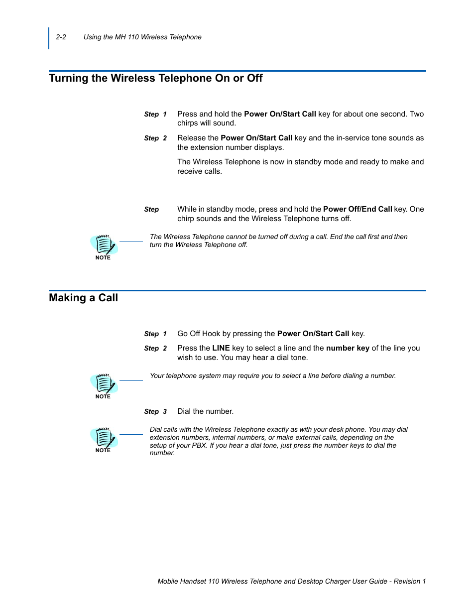 Turning the wireless telephone on or off, Making a call, Turning the wireless telephone on or off -2 | Making a call -2 | NEC 110 User Manual | Page 26 / 44