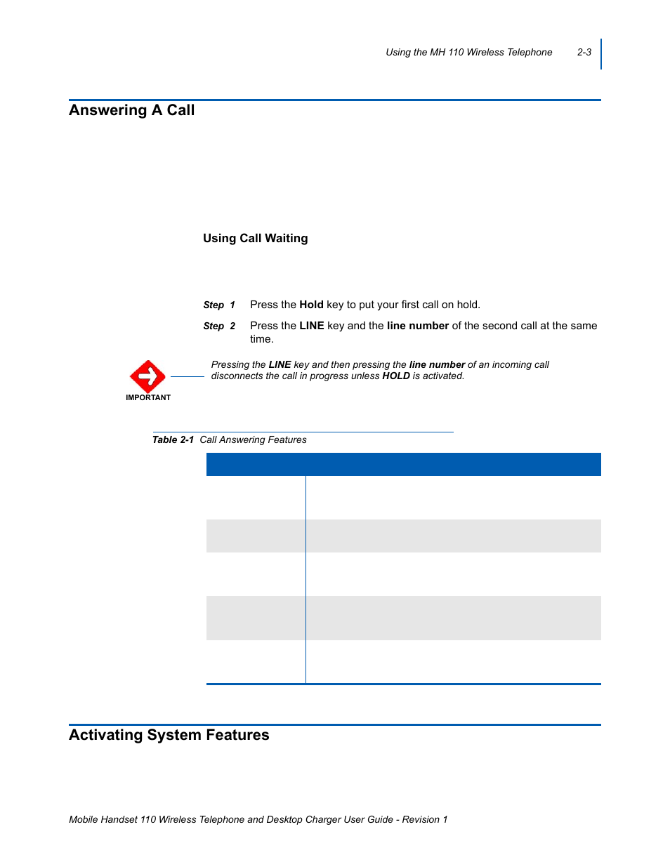 Answering a call, Activating system features, Answering a call -3 | Activating system features -3, Call answering features -3 | NEC 110 User Manual | Page 27 / 44