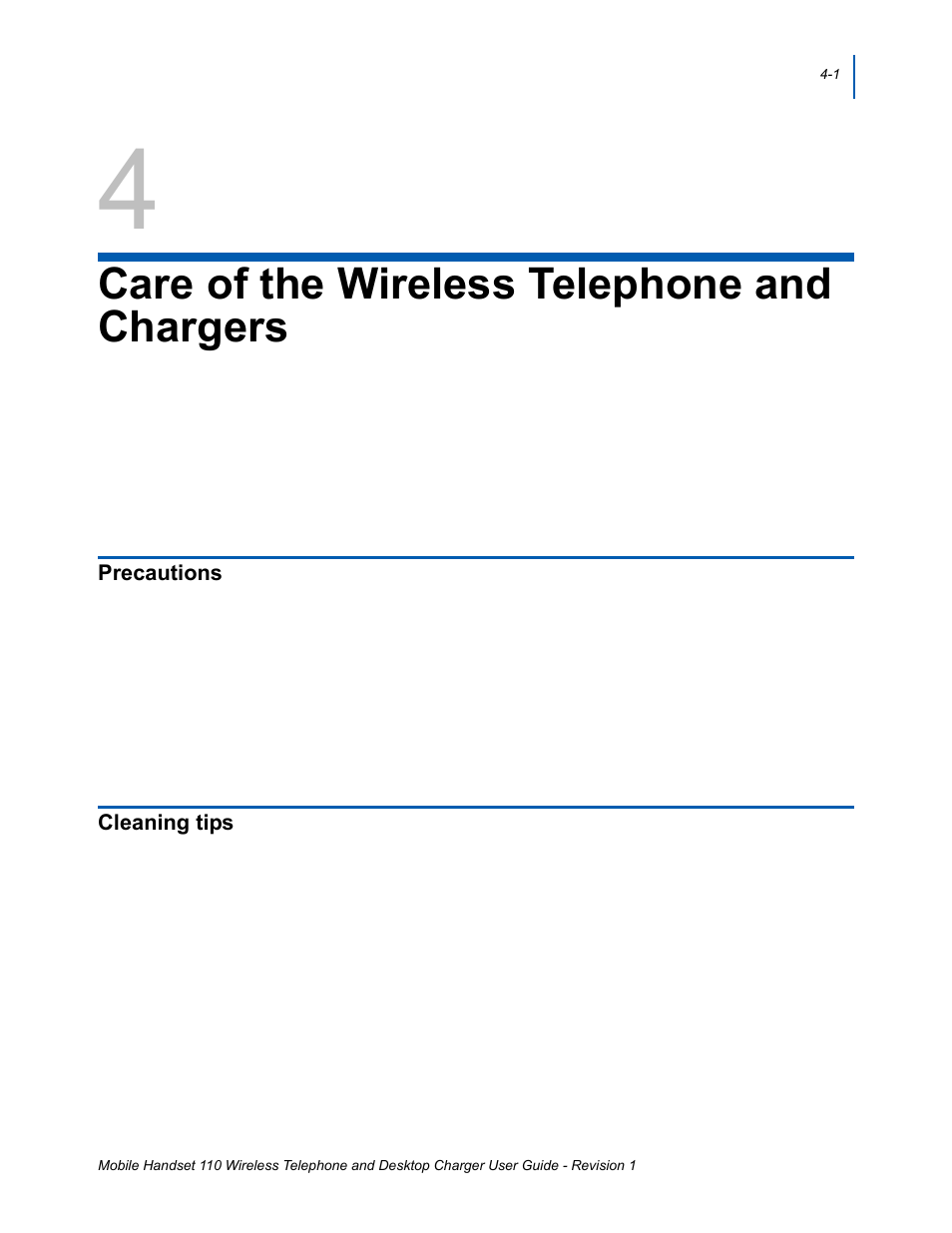 Precautions, Cleaning tips, Care of the wireless telephone and chargers | Precautions -1, Cleaning tips -1, Care of the, Wireless telephone, And chargers | NEC 110 User Manual | Page 39 / 44