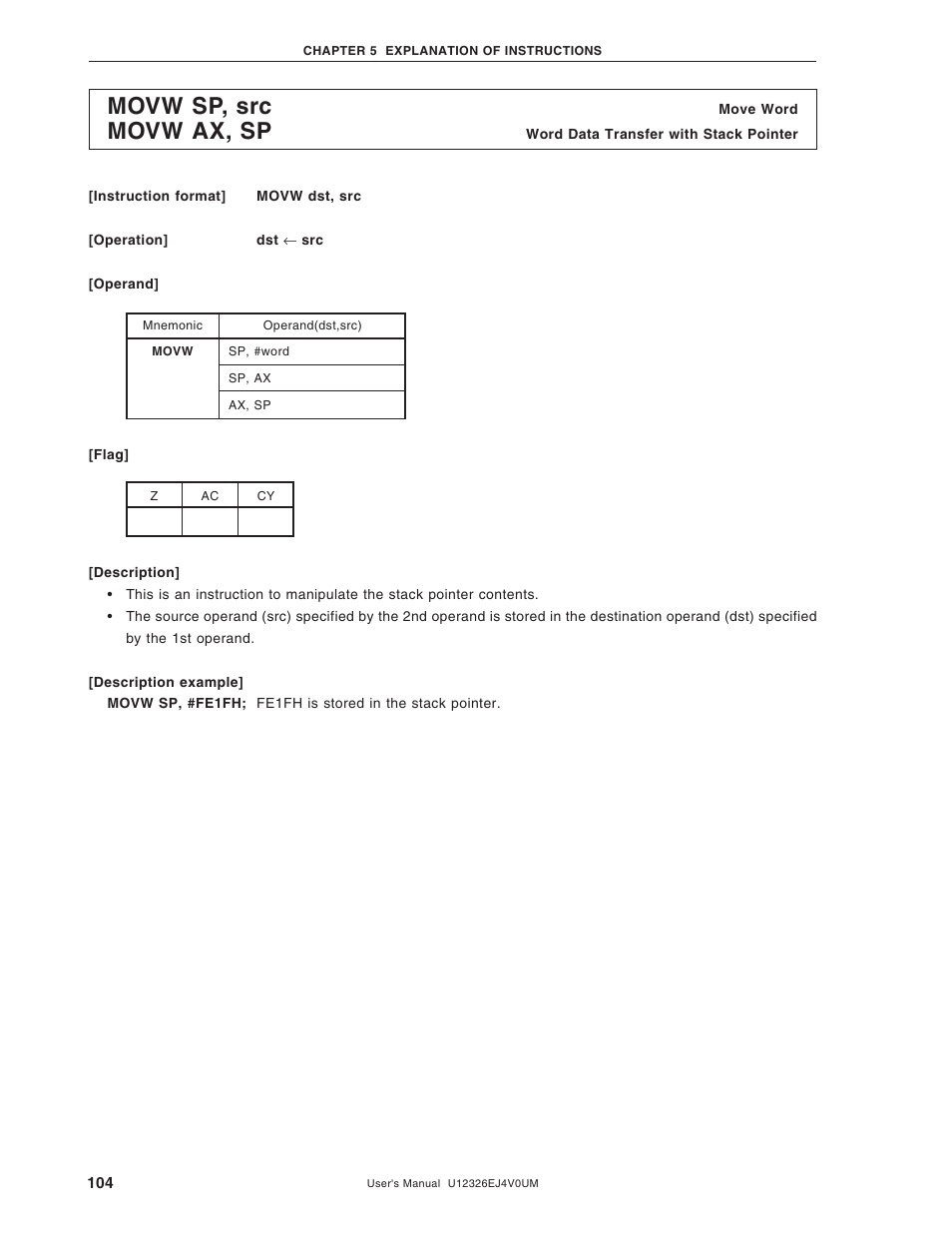 Movw sp, src, Movw ax, sp | NEC 78K/0 Series User Manual | Page 104 / 129