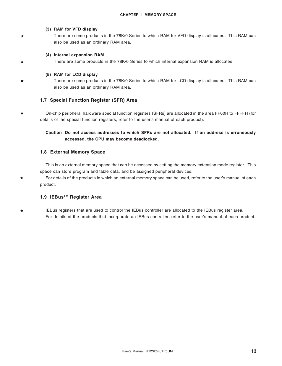 7 special function register (sfr) area, 8 external memory space, 9 iebus register area | NEC 78K/0 Series User Manual | Page 13 / 129