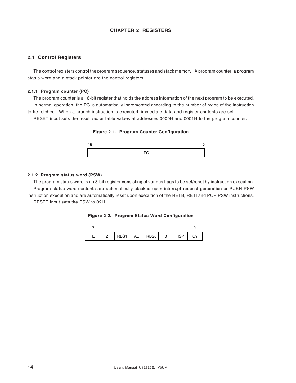 Chapter 2 registers, 1 control registers, 1 program counter (pc) | 2 program status word (psw) | NEC 78K/0 Series User Manual | Page 14 / 129