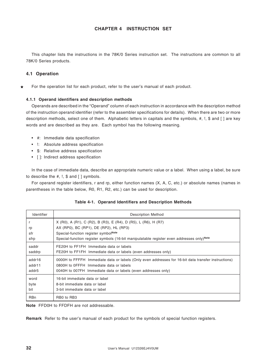 Chapter 4 instruction set, 1 operation, 1 operand identifiers and description methods | NEC 78K/0 Series User Manual | Page 32 / 129