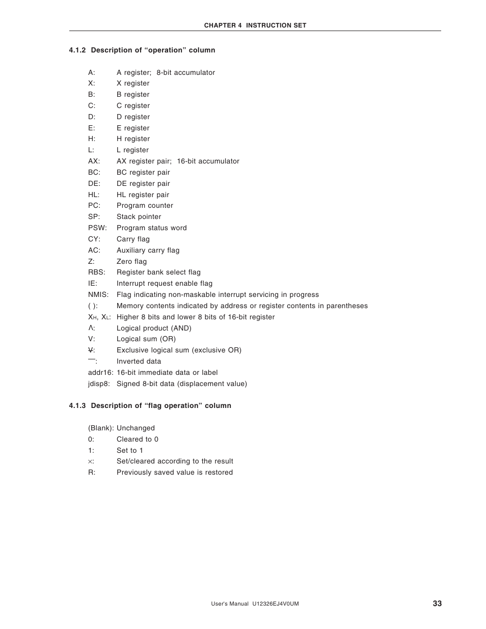 2 description of “operation” column, 3 description of “flag operation” column | NEC 78K/0 Series User Manual | Page 33 / 129