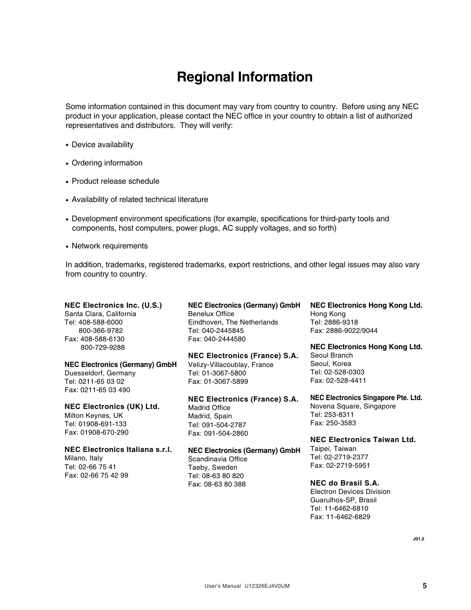 Regional information | NEC 78K/0 Series User Manual | Page 5 / 129