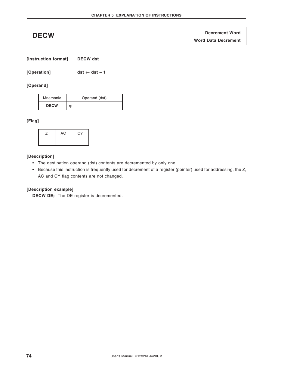 Decw | NEC 78K/0 Series User Manual | Page 74 / 129