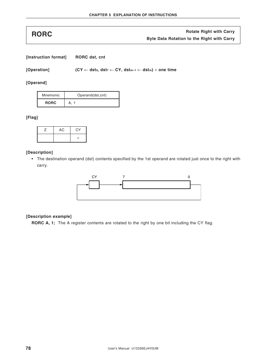 Rorc | NEC 78K/0 Series User Manual | Page 78 / 129