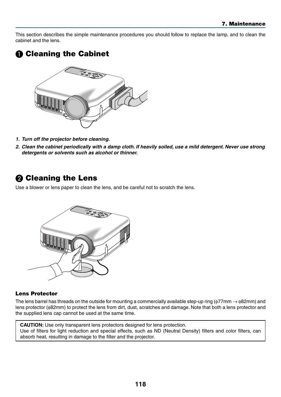 1) cleaning the cabinet, 2) cleaning the lens, Cleaning the cabinet | Cleaning the lens | NEC LT245 User Manual | Page 125 / 145