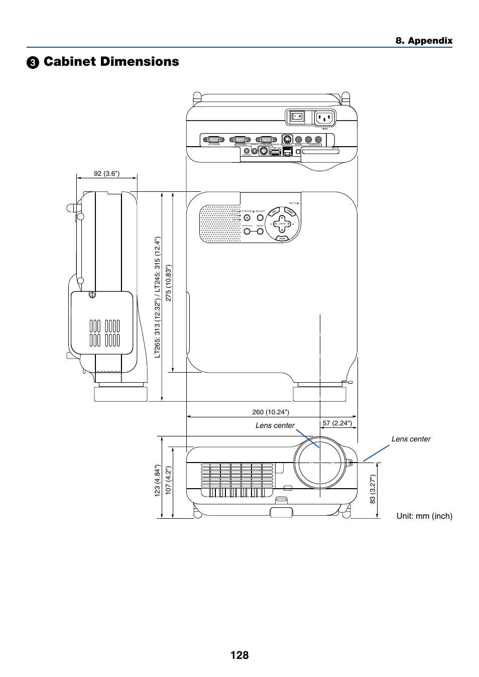 3) cabinet dimensions, ᕣ cabinet dimensions, Appendix | Unit: mm (inch), Lens center | NEC LT245 User Manual | Page 135 / 145