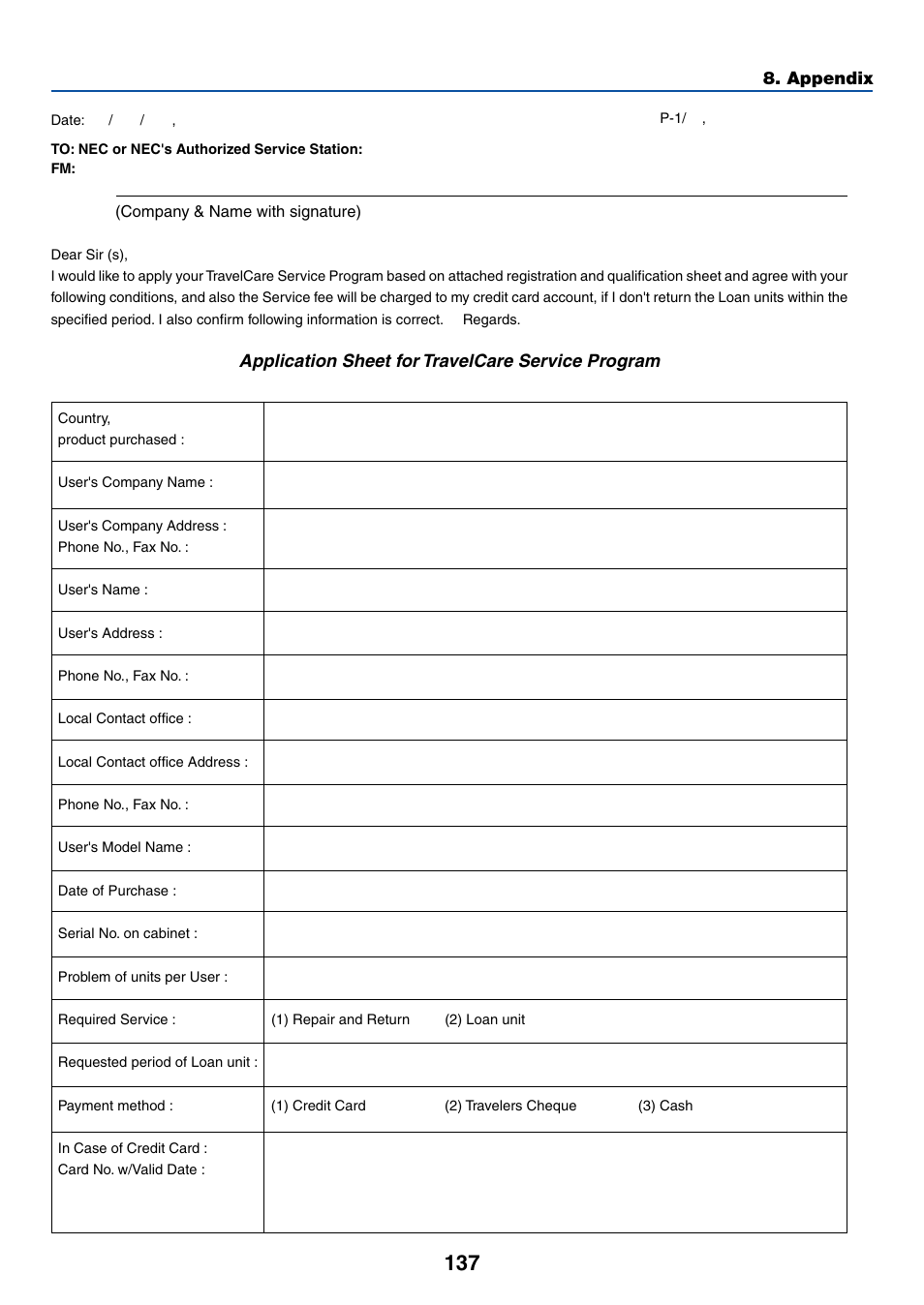 Appendix, Application sheet for travelcare service program | NEC LT245 User Manual | Page 144 / 145