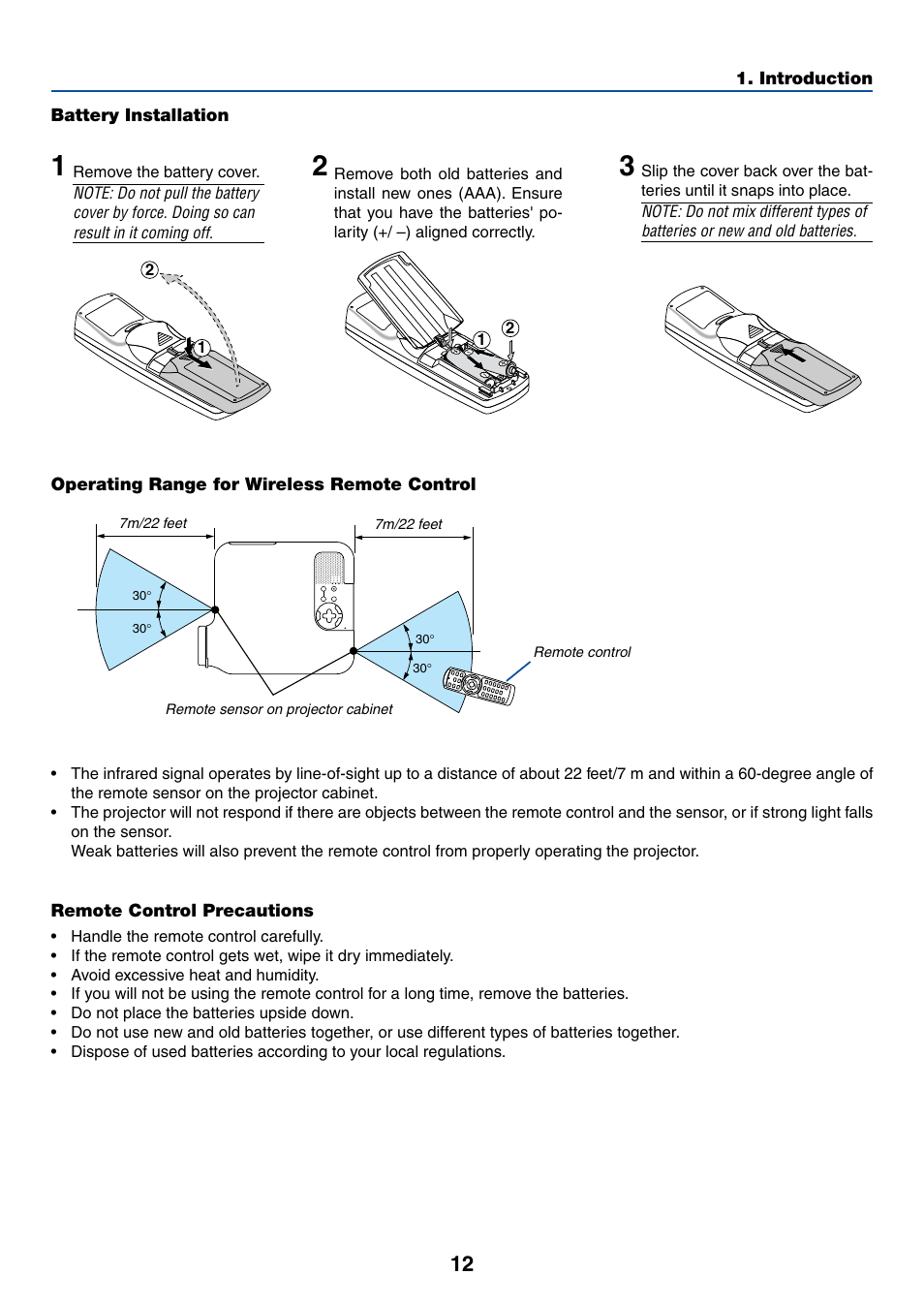 Battery installation, Operating range for wireless remote control, Remote control precautions | NEC LT245 User Manual | Page 19 / 145