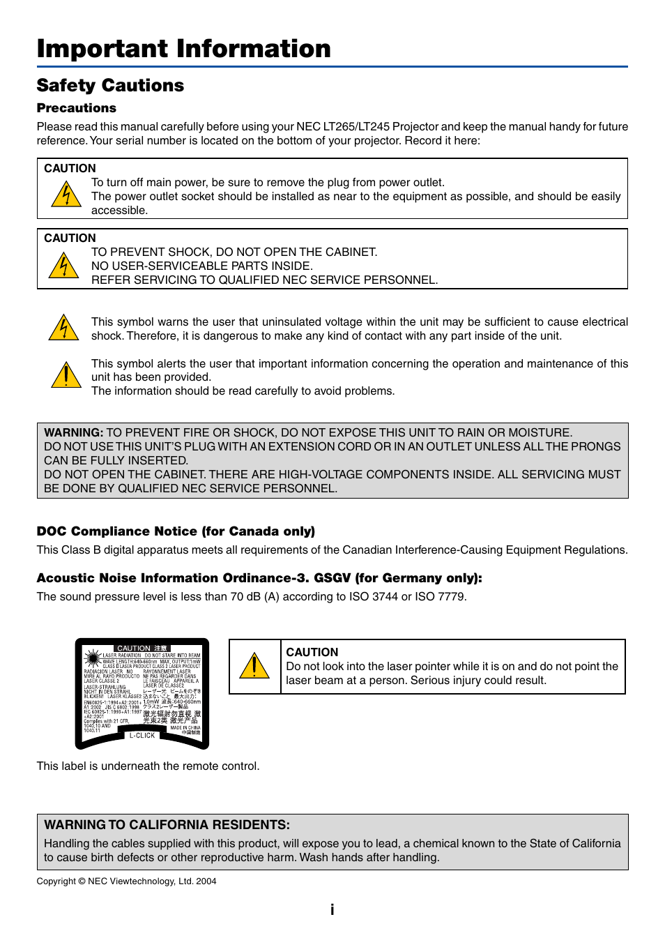 Important information, Safety cautions | NEC LT245 User Manual | Page 2 / 145