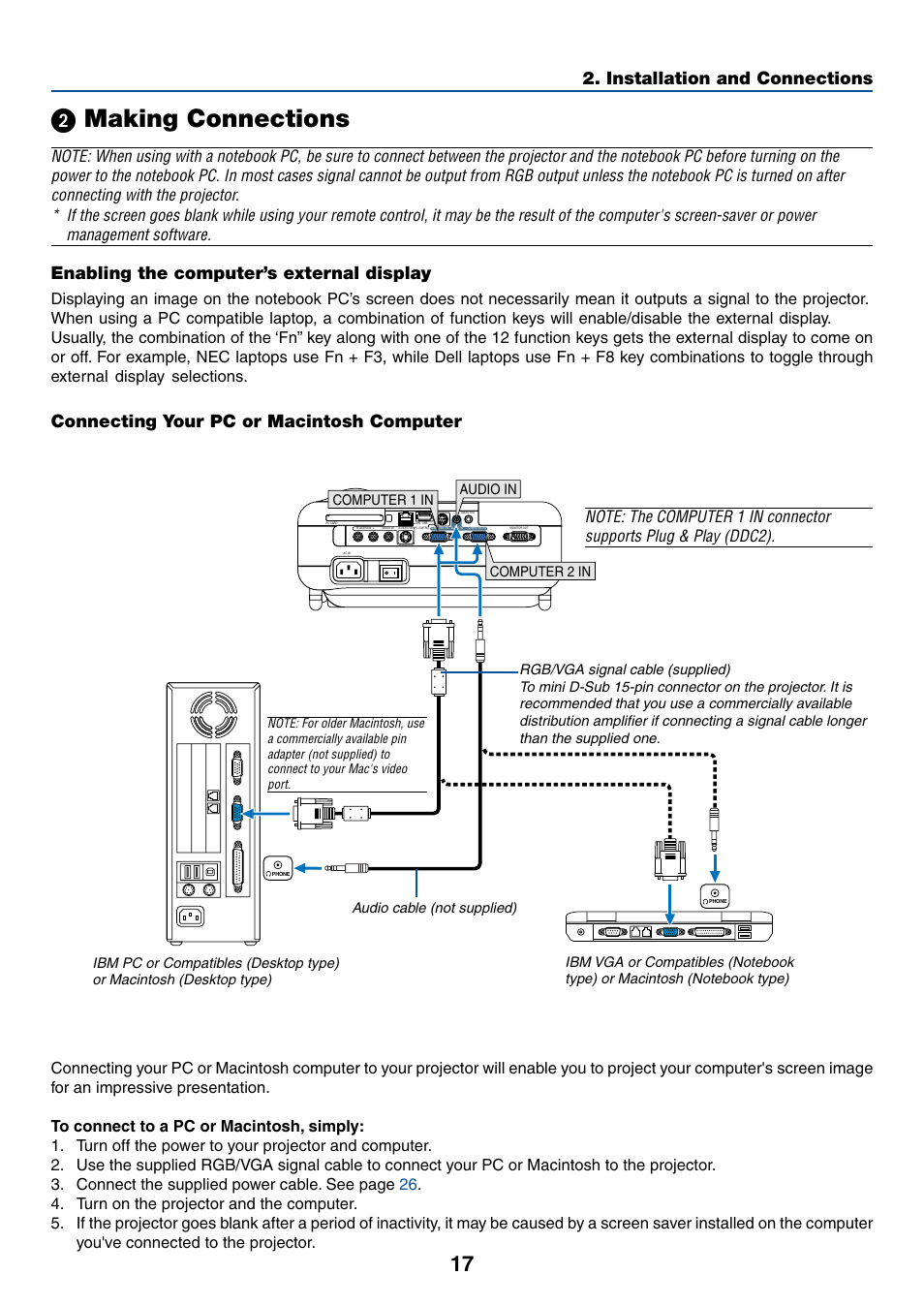 2) making connections, Enabling the computer’s external display, Connecting your pc or macintosh computer | ᕢ making connections, Installation and connections | NEC LT245 User Manual | Page 24 / 145