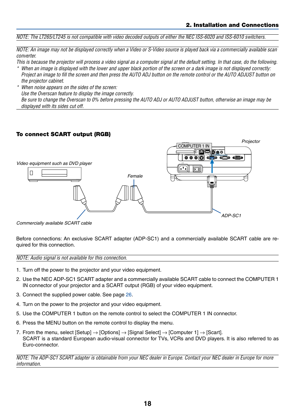 To connect scart output (rgb), Installation and connections | NEC LT245 User Manual | Page 25 / 145