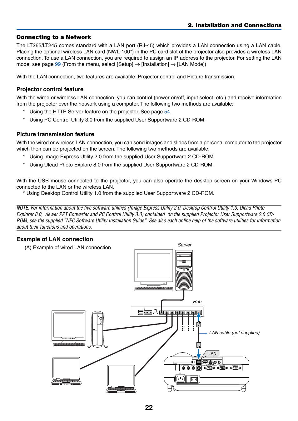 Connecting to a network, Projector control feature, Picture transmission feature | Example of lan connection, Installation and connections, A) example of wired lan connection | NEC LT245 User Manual | Page 29 / 145