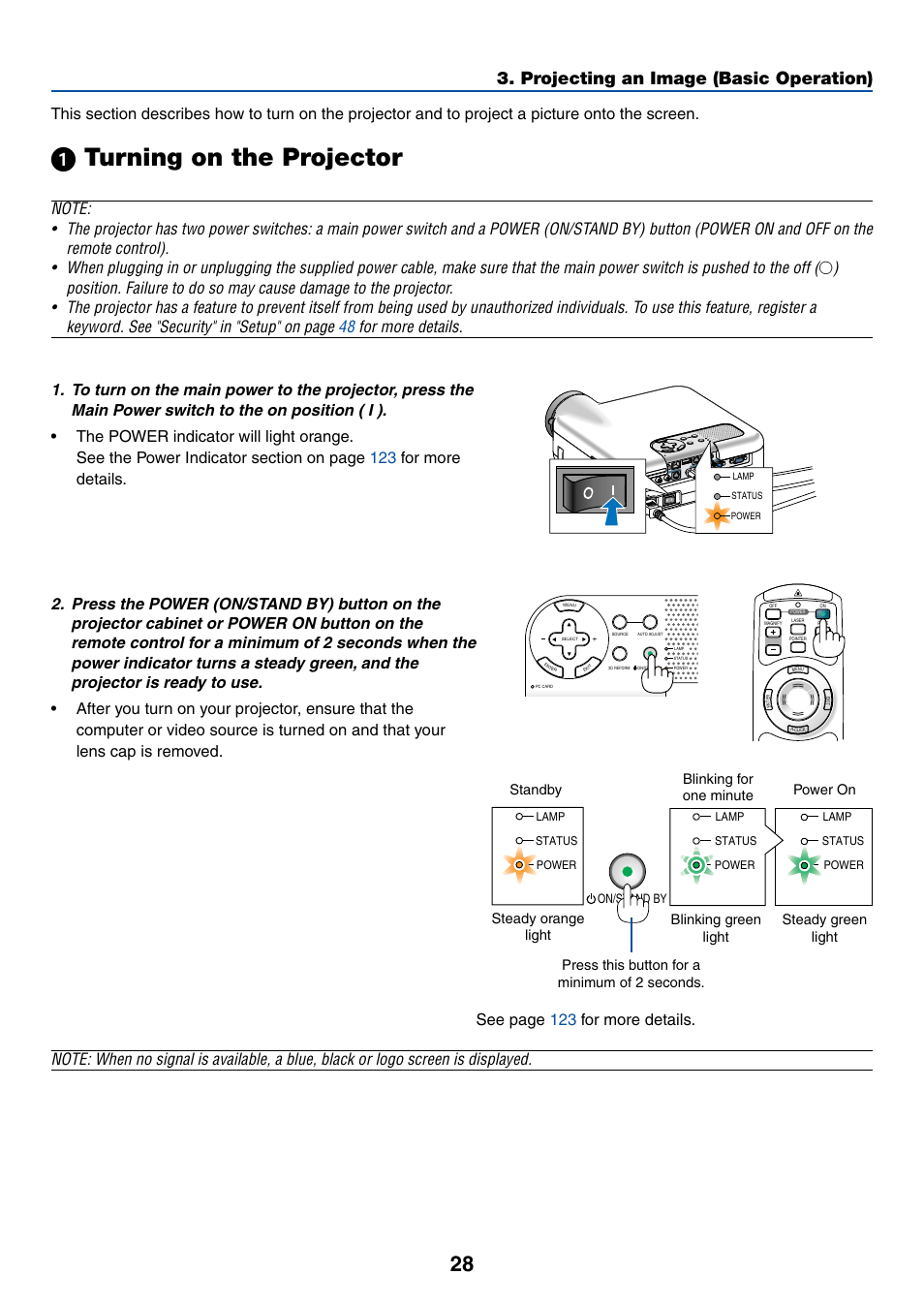 1) turning on the projector, ᕡ turning on the projector, Projecting an image (basic operation) | See page 123 for more details | NEC LT245 User Manual | Page 35 / 145