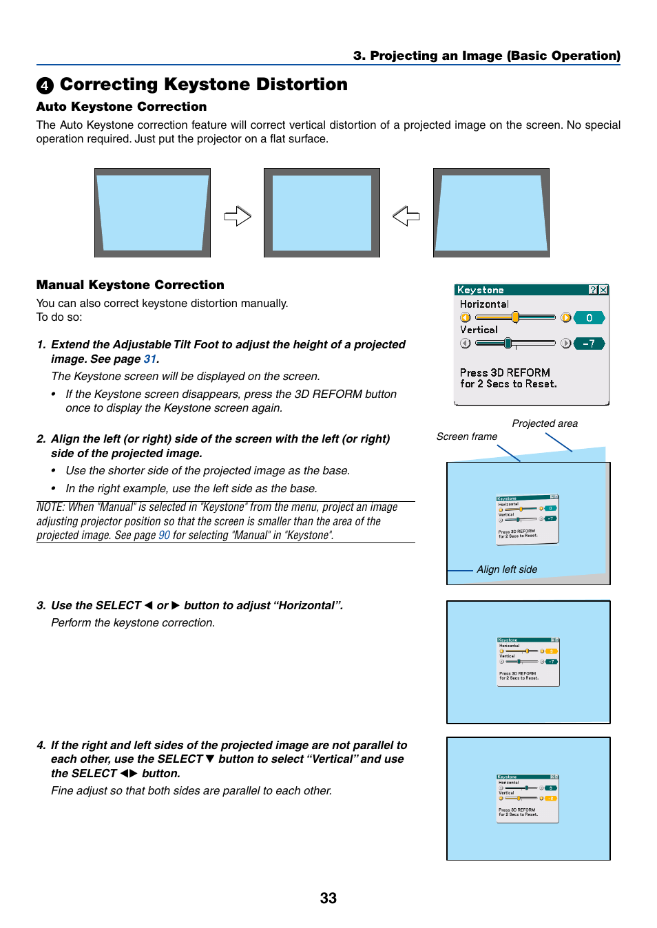 4) correcting keystone distortion, ᕤ correcting keystone distortion | NEC LT245 User Manual | Page 40 / 145