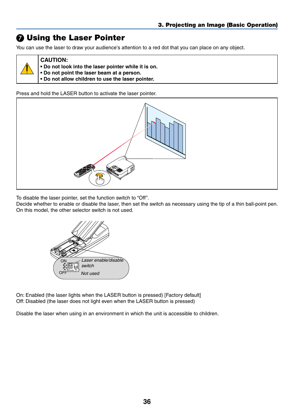 7) using the laser pointer, Using the laser pointer | NEC LT245 User Manual | Page 43 / 145