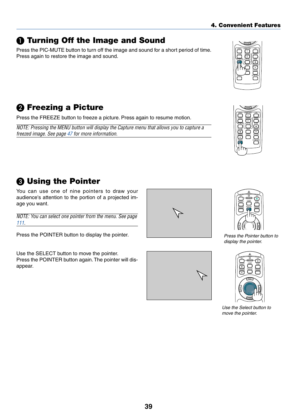 1) turning off the image and sound, 2) freezing a picture, 3) using the pointer | Turning off the image and sound, Freezing a picture, Using the pointer, Convenient features | NEC LT245 User Manual | Page 46 / 145