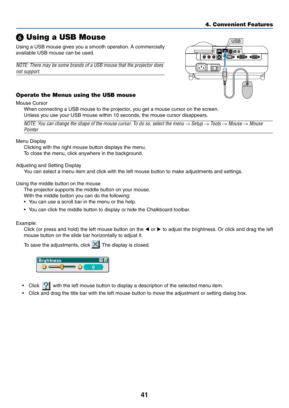 6) using a usb mouse, Using a usb mouse, Convenient features | Operate the menus using the usb mouse, Setup, Tools, Mouse, Mouse pointer | NEC LT245 User Manual | Page 48 / 145