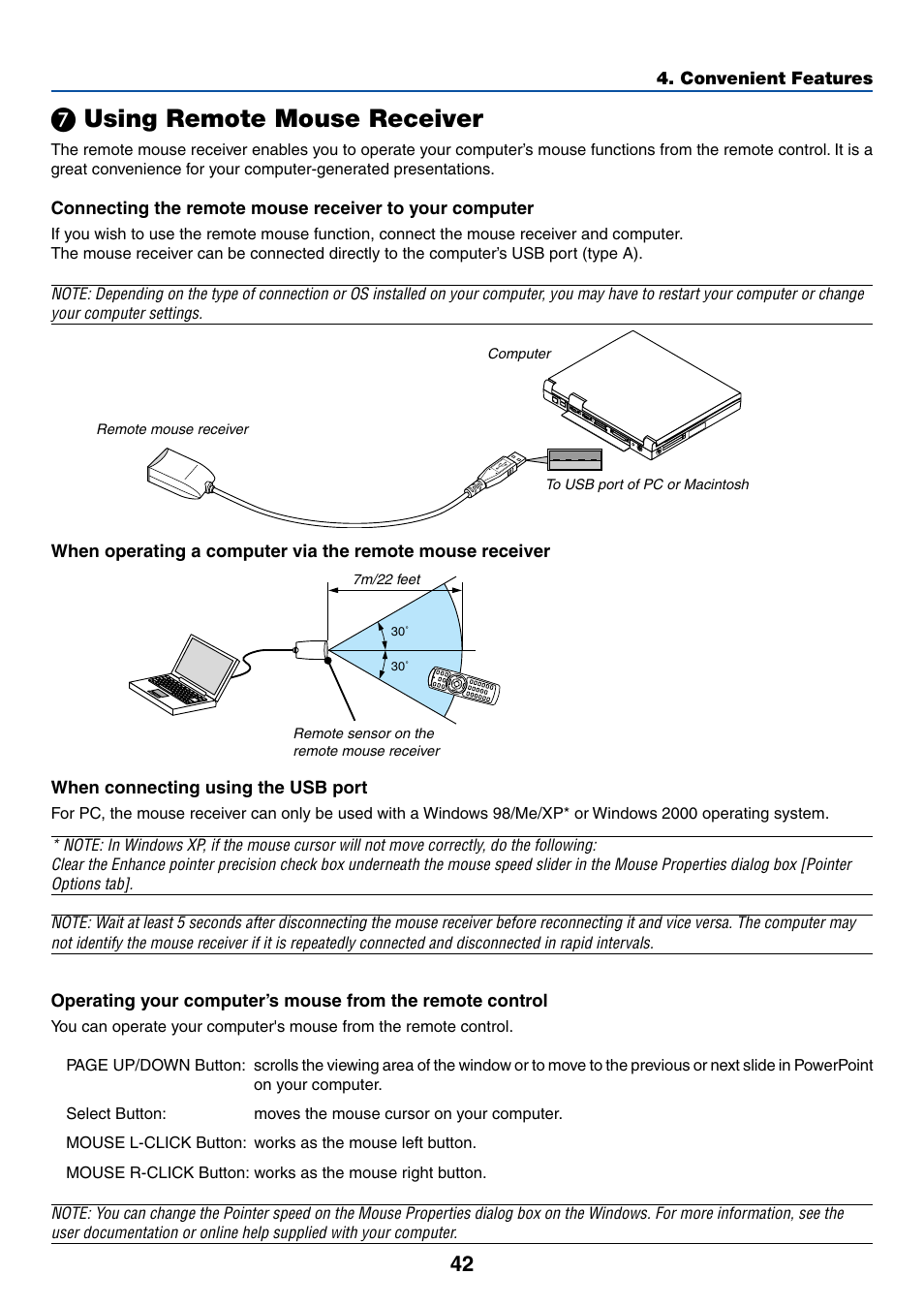 7) using remote mouse receiver, Using remote mouse receiver | NEC LT245 User Manual | Page 49 / 145