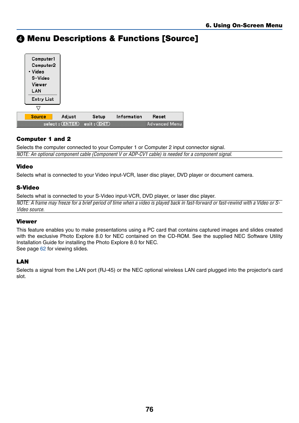 4) menu descriptions & functions [source, Computer 1 and 2, Video | S-video, Viewer, Menu descriptions & functions [source | NEC LT245 User Manual | Page 83 / 145