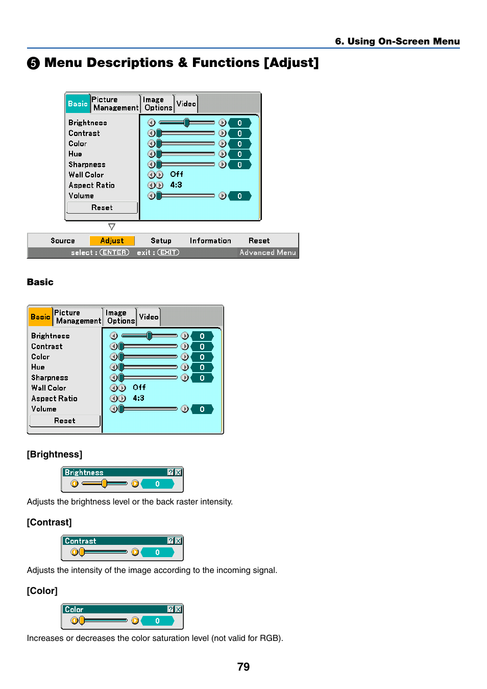 5) menu descriptions & functions [adjust, Basic, Menu descriptions & functions [adjust | NEC LT245 User Manual | Page 86 / 145