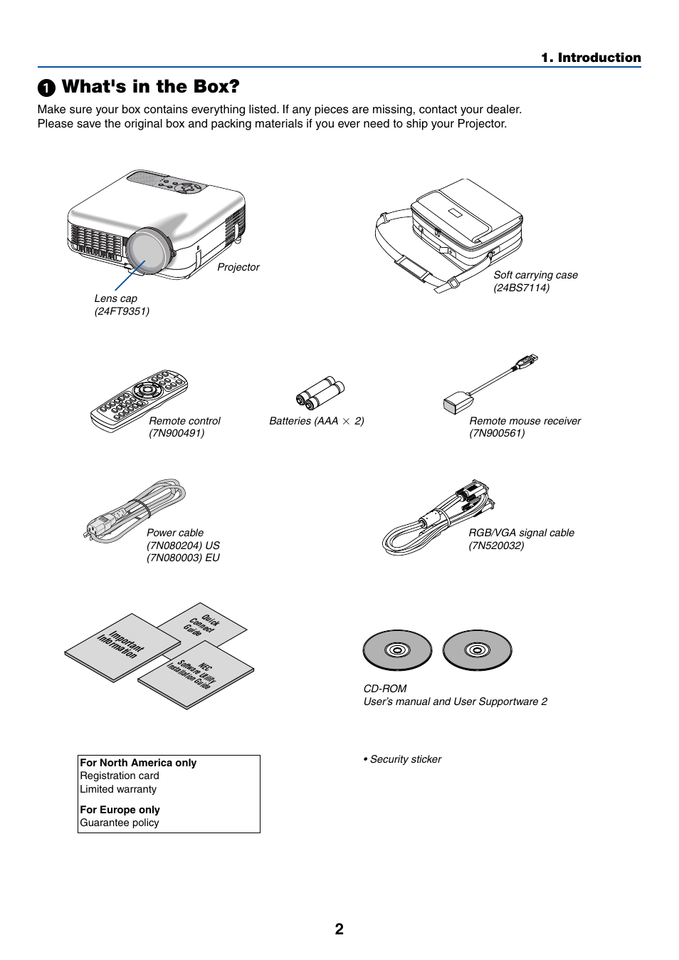 1) what's in the box, ᕡ what's in the box | NEC LT245 User Manual | Page 9 / 145