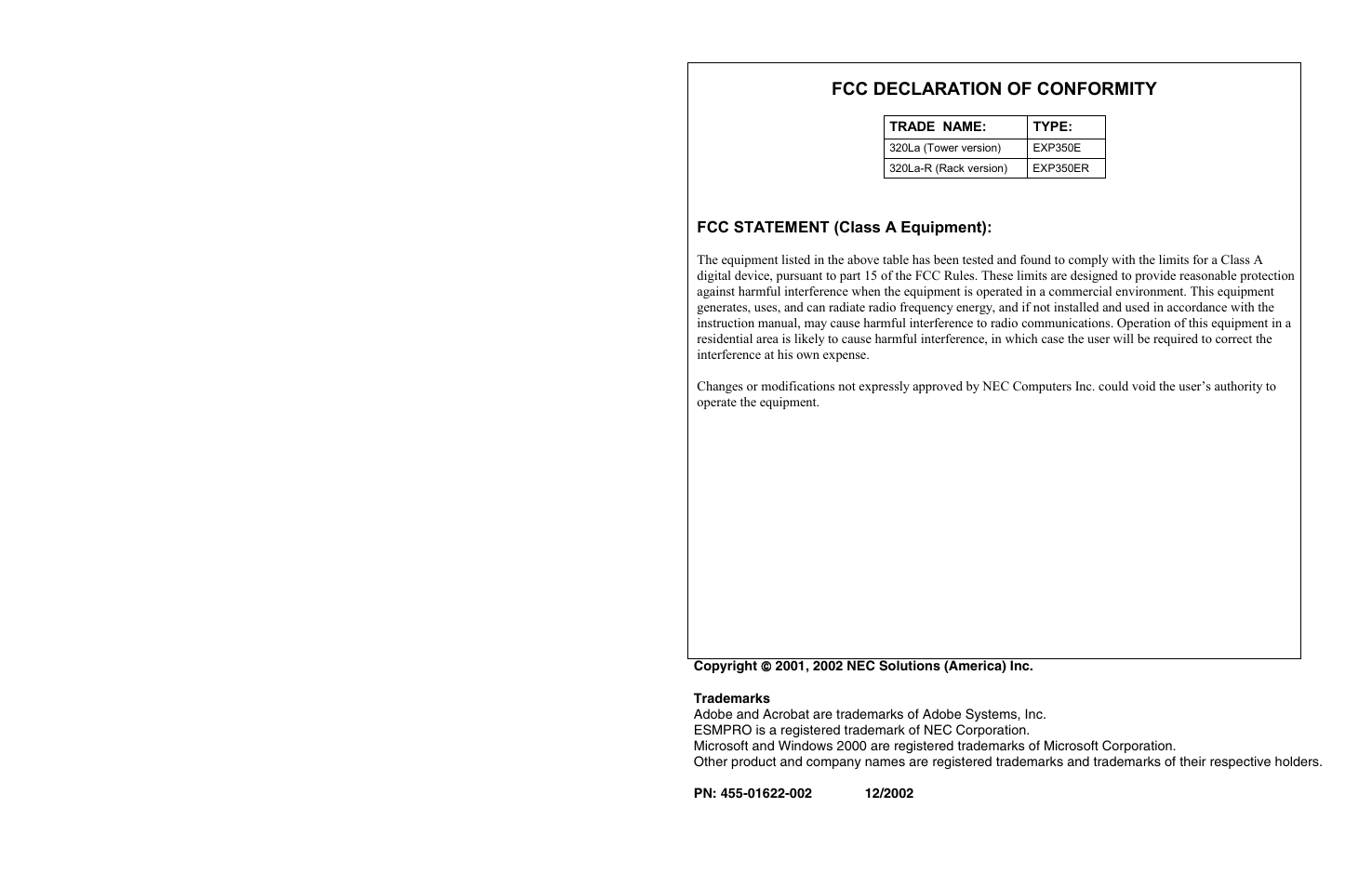Fcc declaration of conformity | NEC Esmpro EXP350ER User Manual | Page 2 / 2