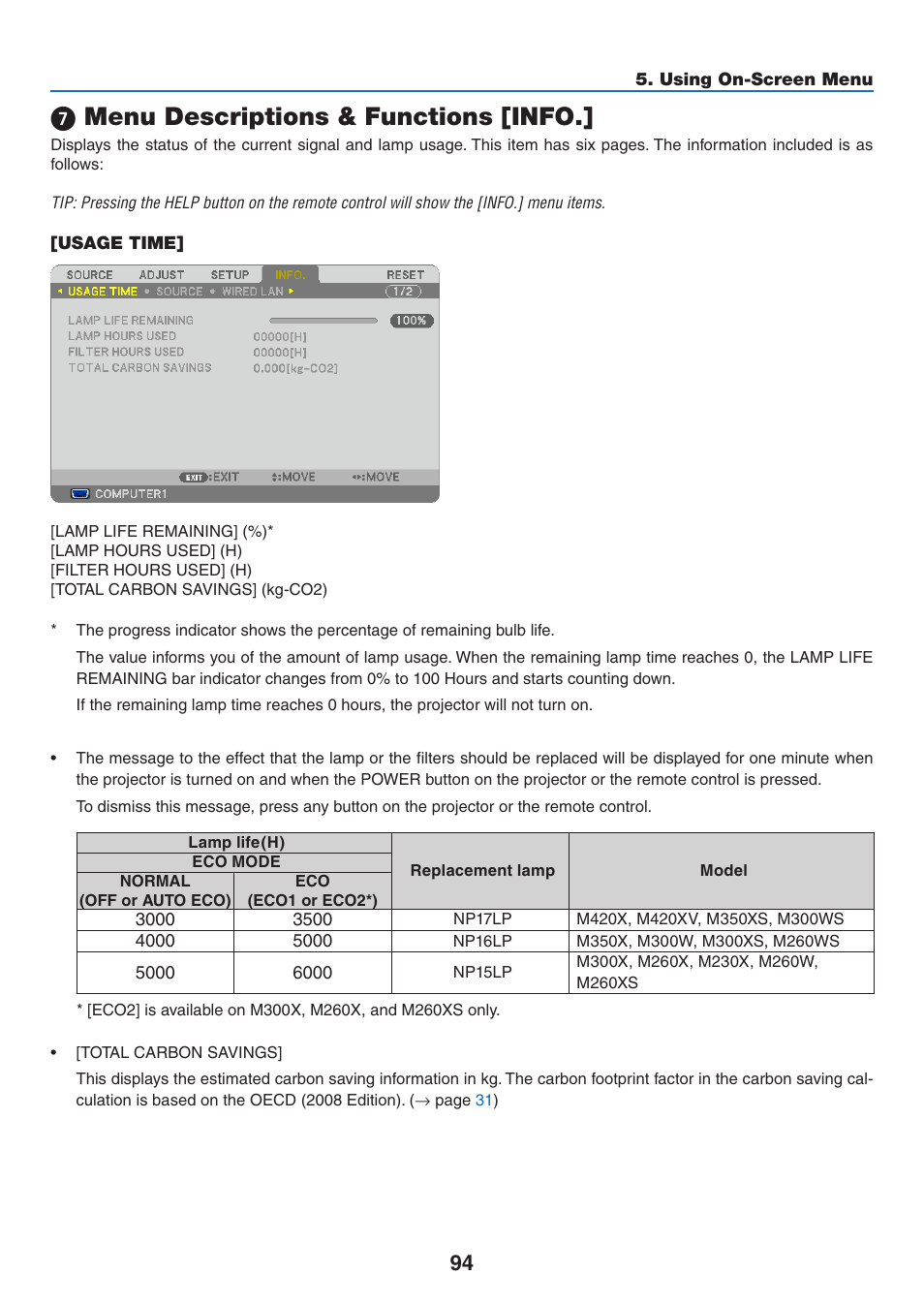 7) menu descriptions & functions [info, Usage time, Menu descriptions & functions [info | NEC M350X User Manual | Page 104 / 155