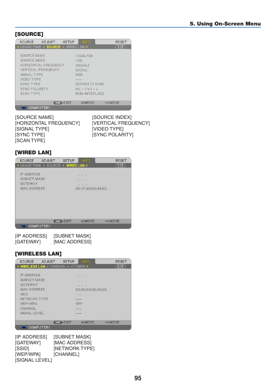 Source, Wired lan, Wireless lan | Source] [wired lan] [wireless lan | NEC M350X User Manual | Page 105 / 155